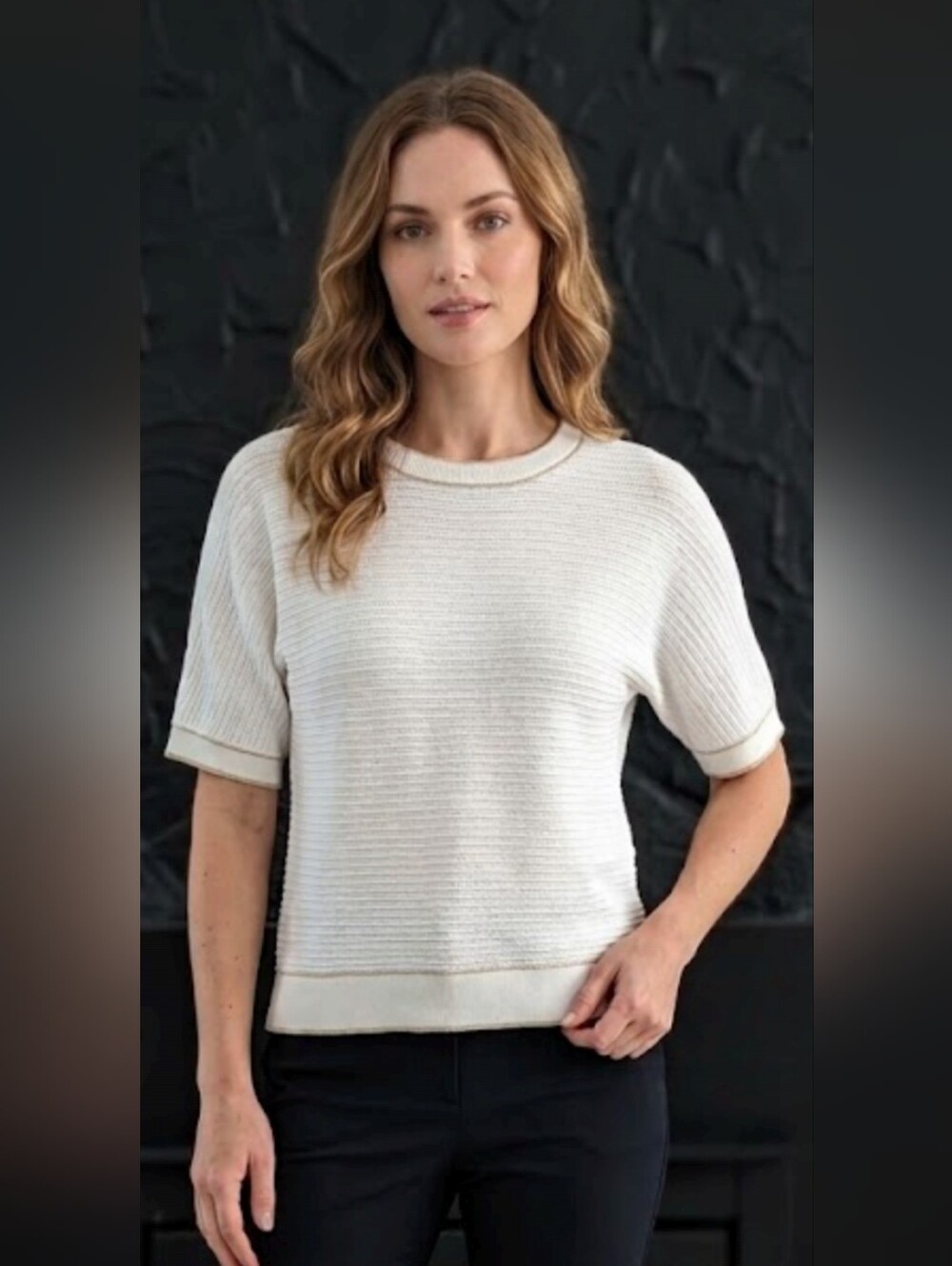 Adrianna Papell Ivory Short-Sleeve Knit Top with Gold Trim Sz S.